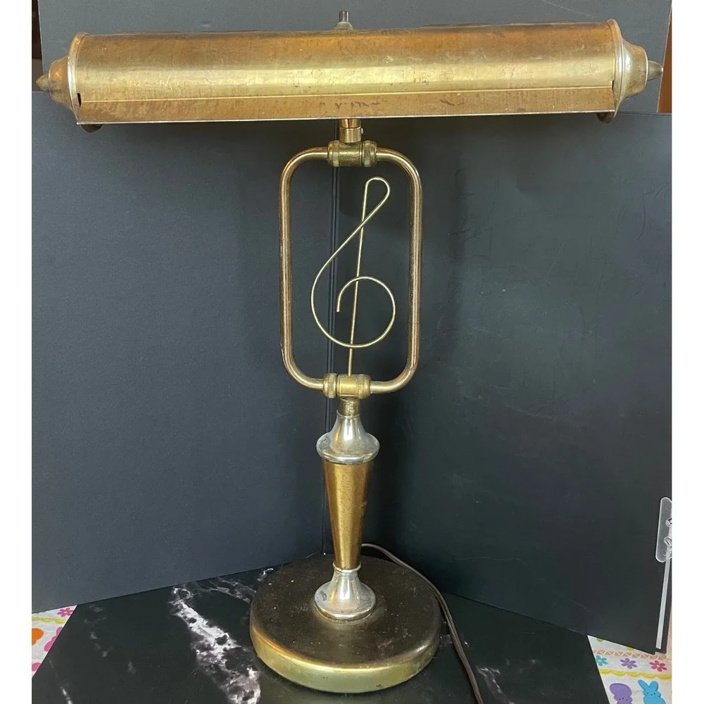 Vintage Brass Piano Desk Lamp Music Treble Clef Note Adjustable Table Light MCM
